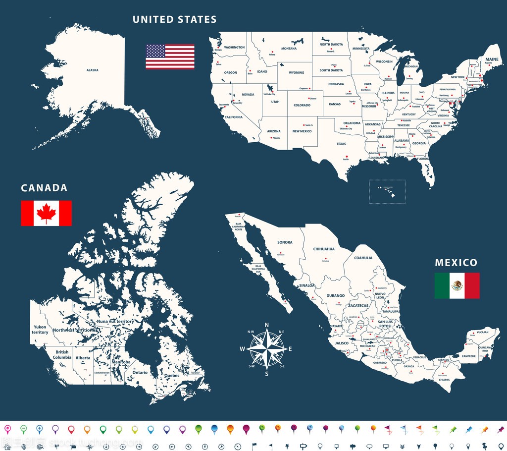 加拿大, 美国和墨西哥的国旗和 location
avig