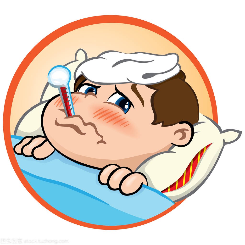 插图是发烧的躺在床上有症状生病的孩子和在他