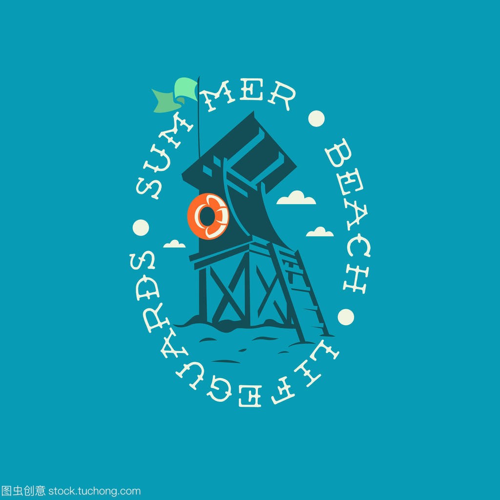 夏季徽标救生员绘制椭圆形标签志海滩装修设计房子与图片