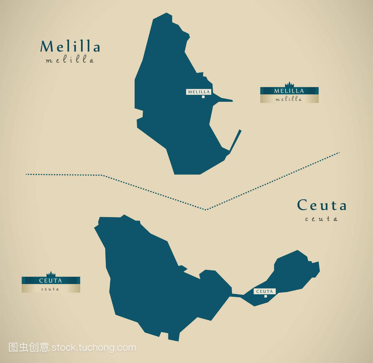 现代地图-梅利利亚和休达西班牙的插图