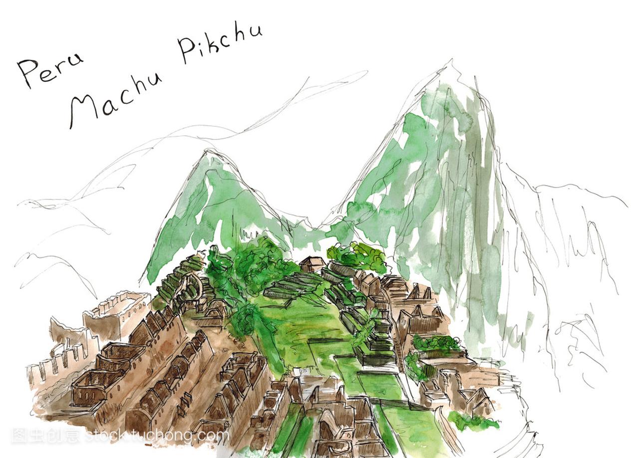 水彩素描手画马丘比丘,秘鲁,旅行孤立在白色背