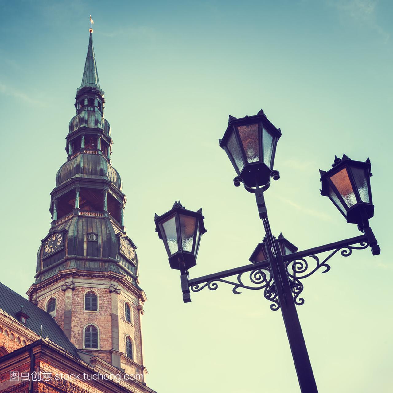 圣彼得斯教会在古城里加,拉脱维亚。复古风格