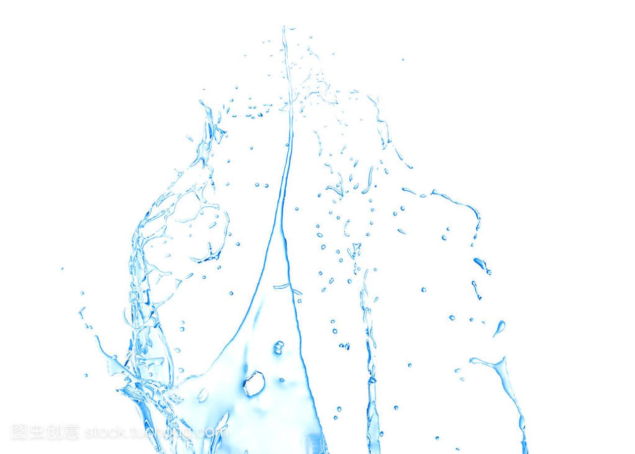 孤立的蓝色飞溅的水溅在白色的背景上。3