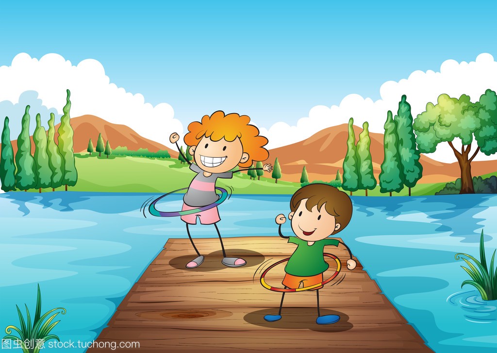 两个孩子在河边玩 hulahoop