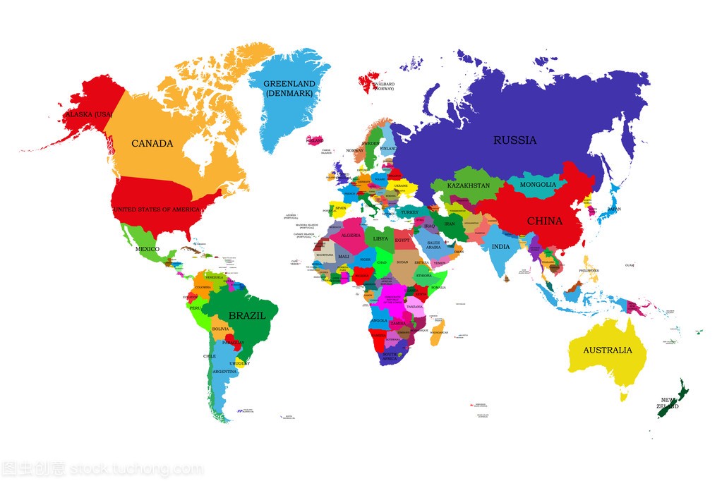 彩色的政治世界地图与主权国家和更大的附属领