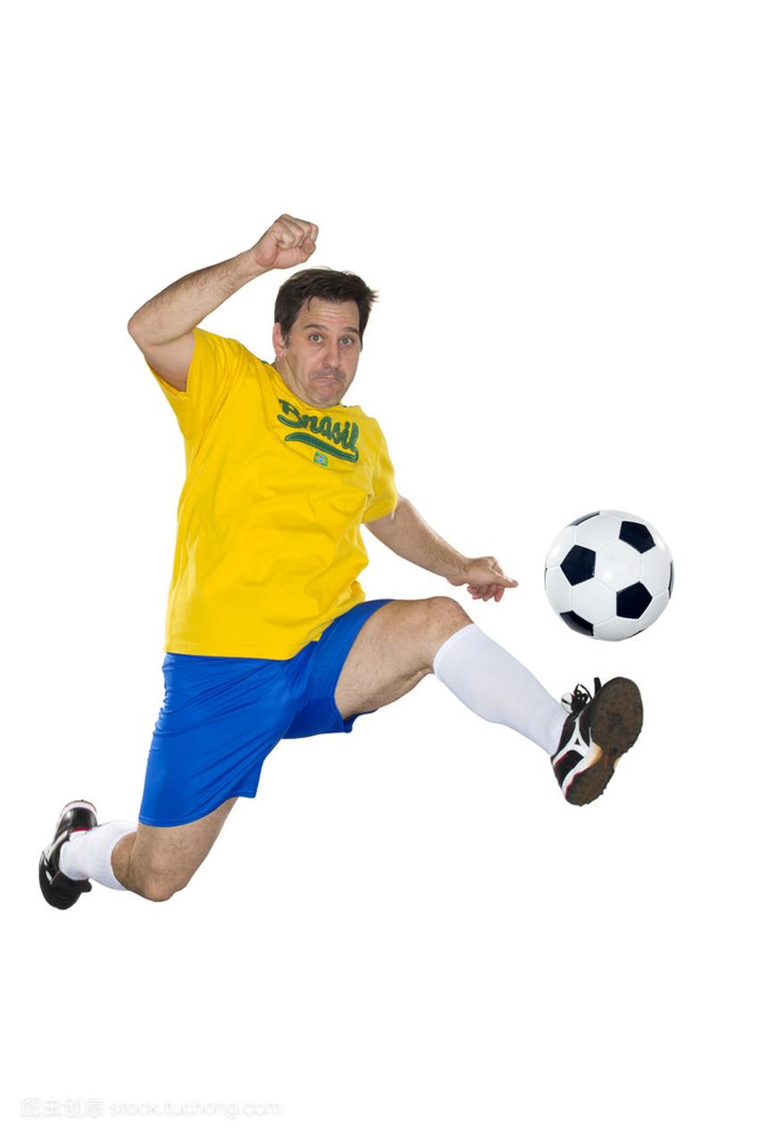 巴西足球运动员,跳跃、 黄色和蓝色