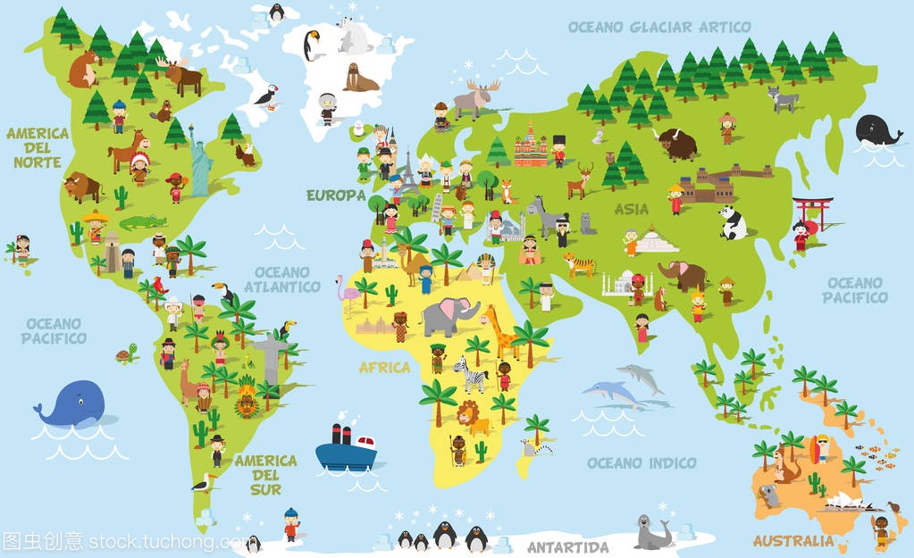 可爱的卡通世界地图与儿童的不同民族、 动物
