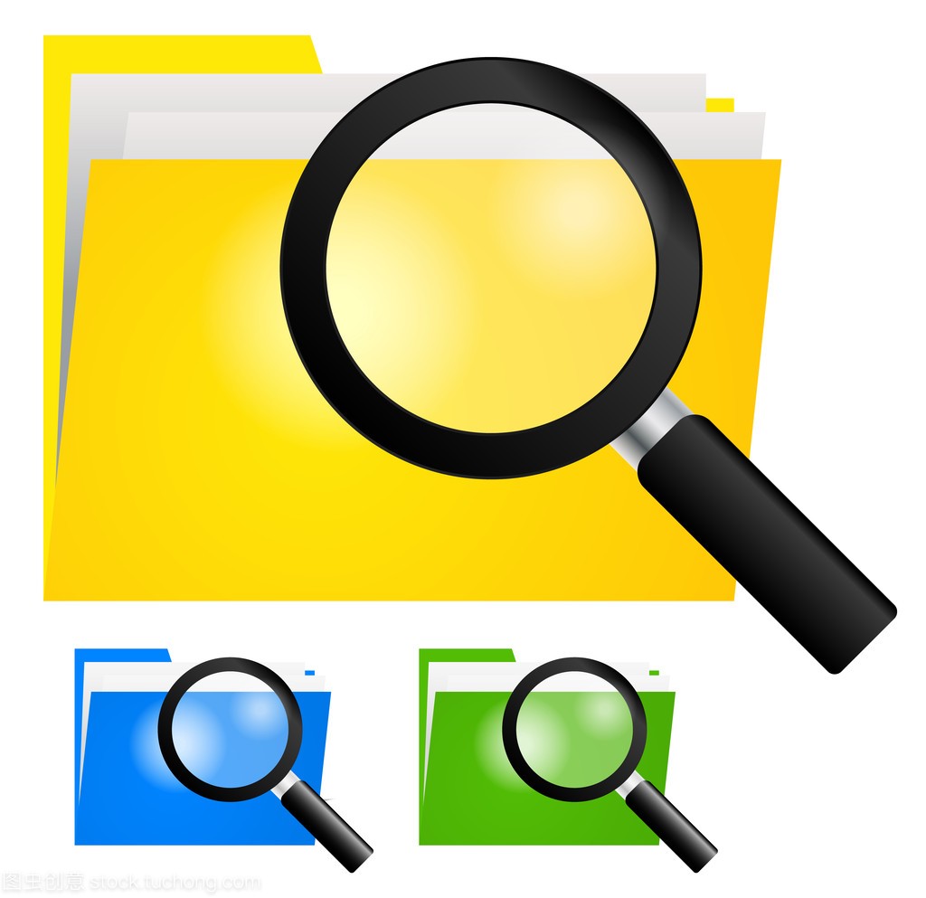 放大镜,搜索文件夹图标上黄、 蓝、 绿颜色的文件夹