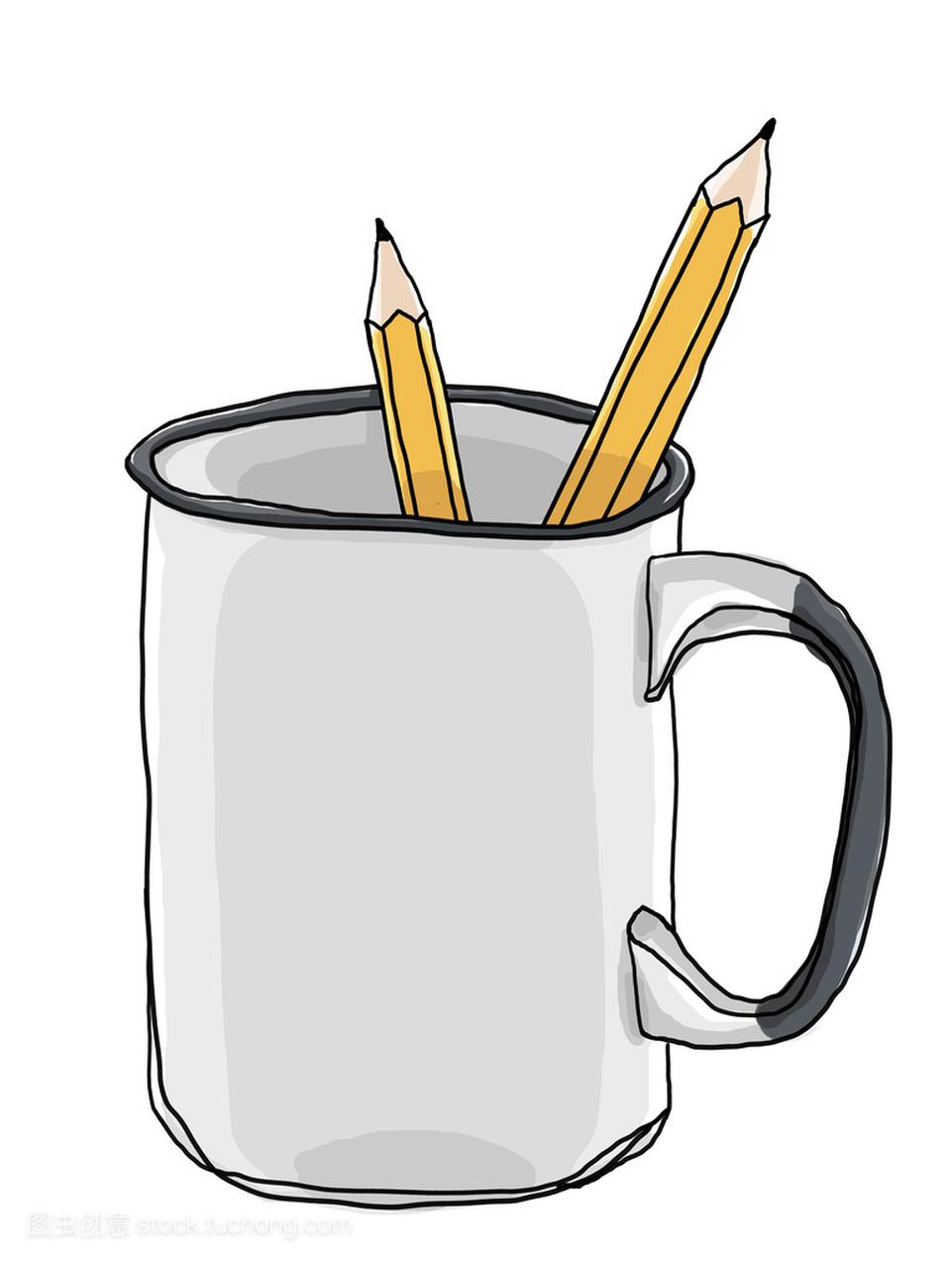 杯炻瓷杯子和一支铅笔可爱图