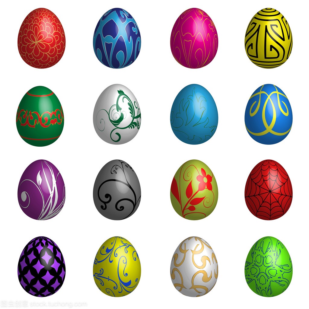 设置的十六个彩色复活节彩蛋与不同的装饰品