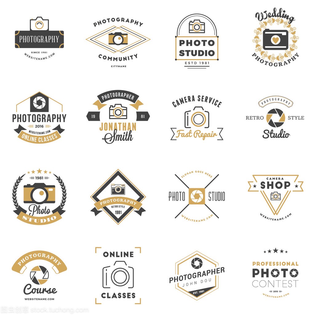 摄影 Logo 设计模板的设置。摄影复古徽章和标