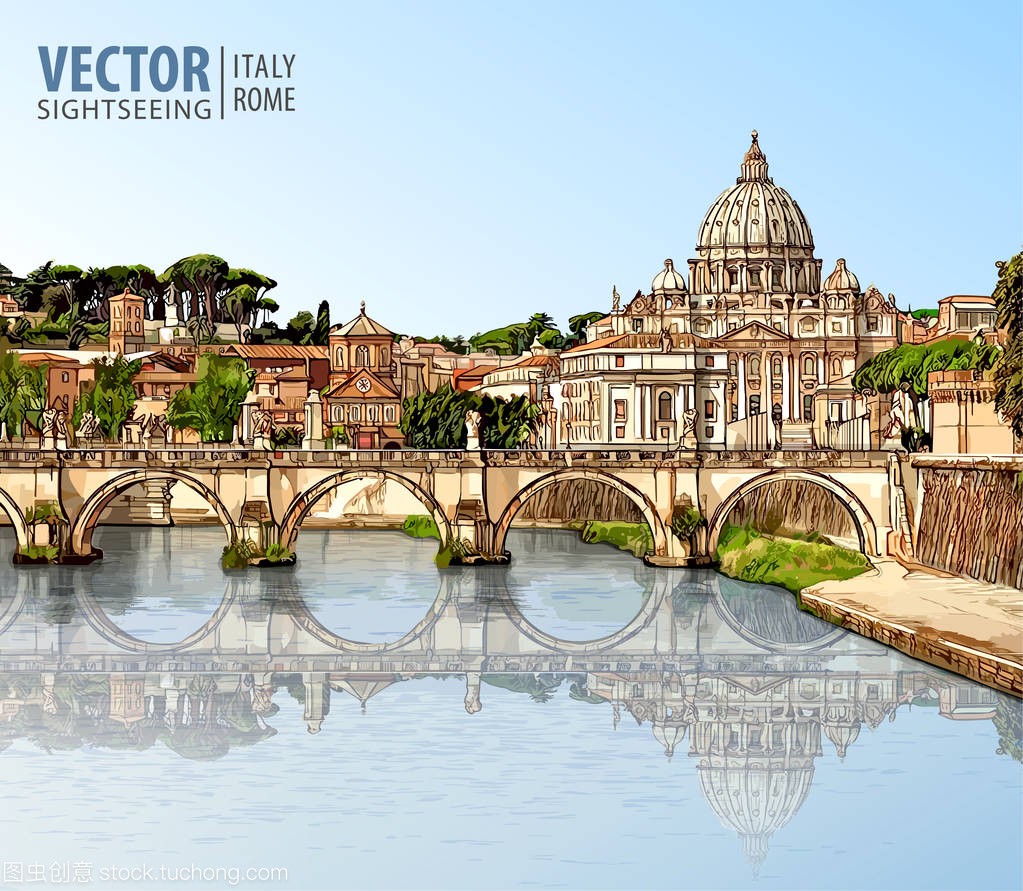 去意大利旅游。查看在罗马圣彼得大教堂。台伯