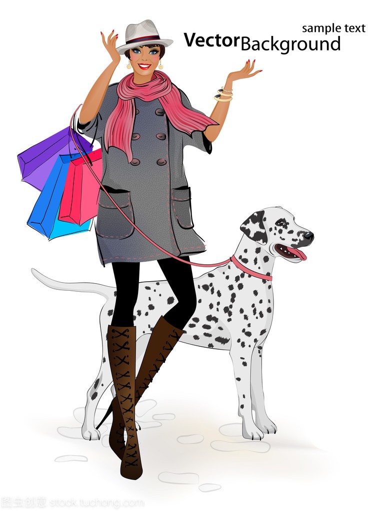 美丽的女孩在购物与你的狗品种达尔马提亚的帽