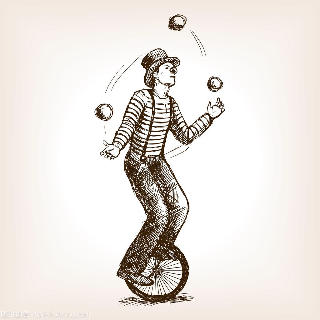 Juggler man on retro old unicycle sketch vector