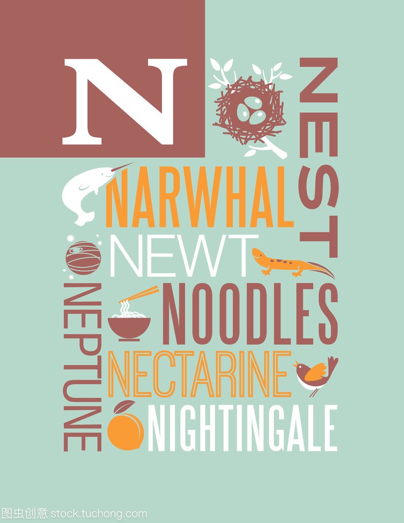 N 排版插图字母海报设计与 N 开头的单词