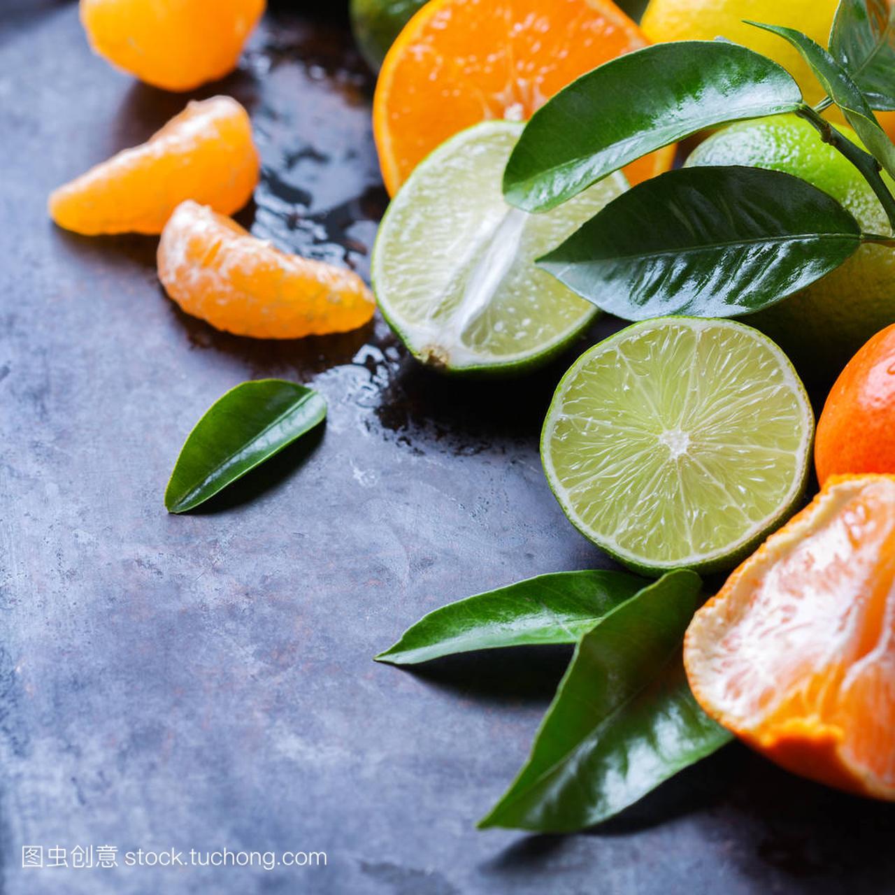 柑橘类水果背景。柑桔、 柚子、 橘子、 石灰、