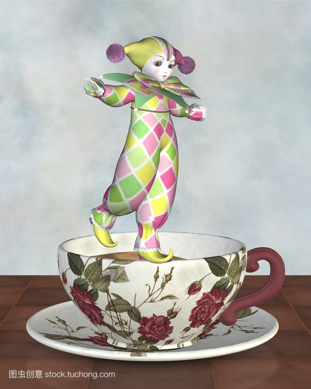 平衡在茶杯上的皮埃罗的小丑娃娃