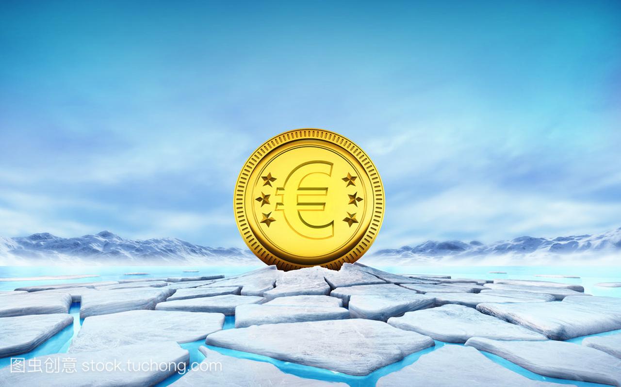 金黄的欧元硬币在浮冰破裂孔