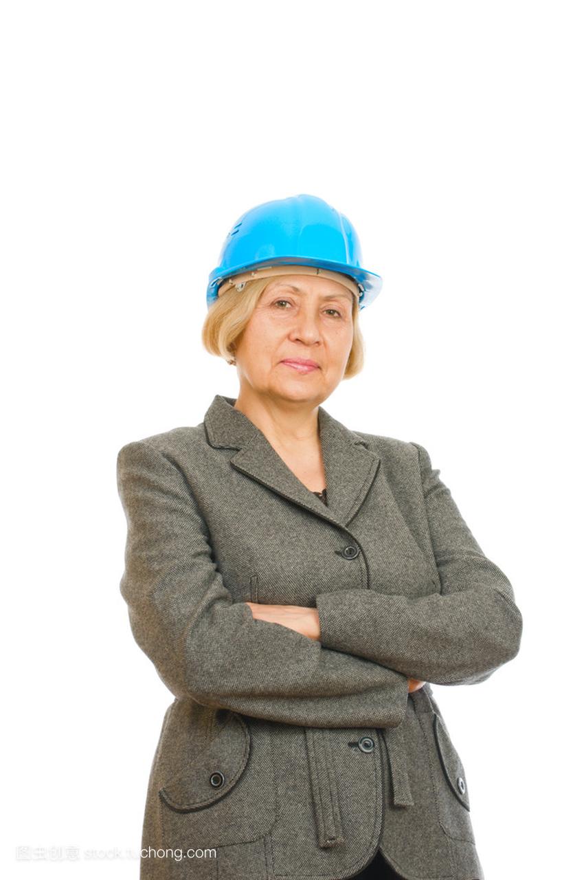 与硬顶蓝帽子高级工程师女子肖像
