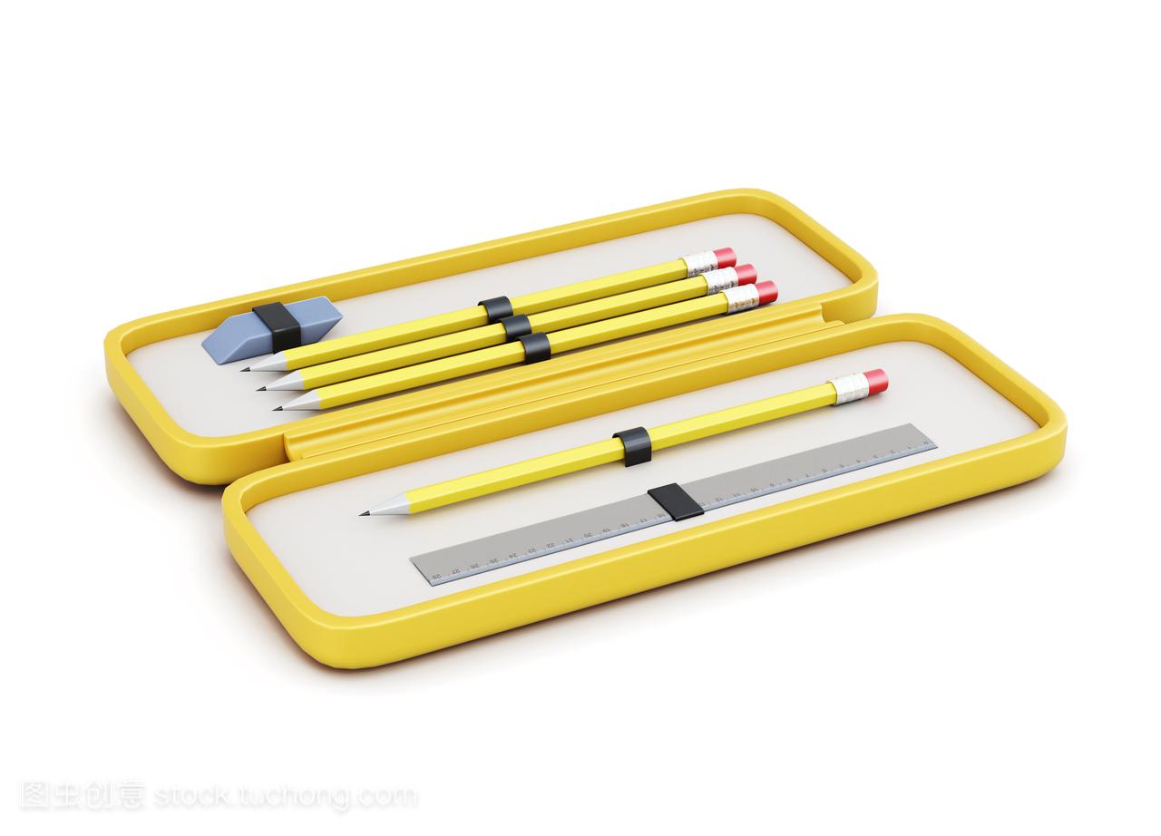 Pencil case with pencils, eraser and a ruler on a