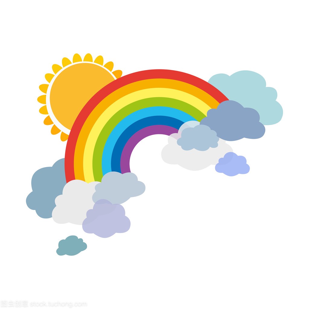 云与太阳的彩色的彩虹。孤立在白色背景上的卡