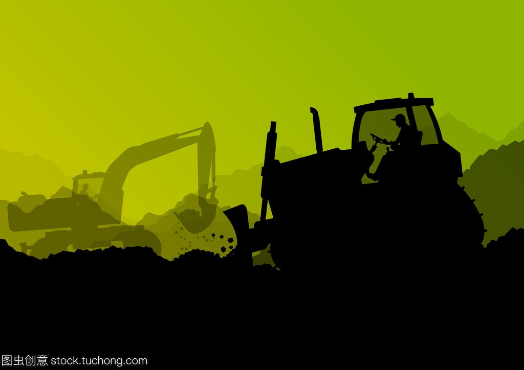 挖掘机推土机装载机、 拖拉机和工人挖在 ind