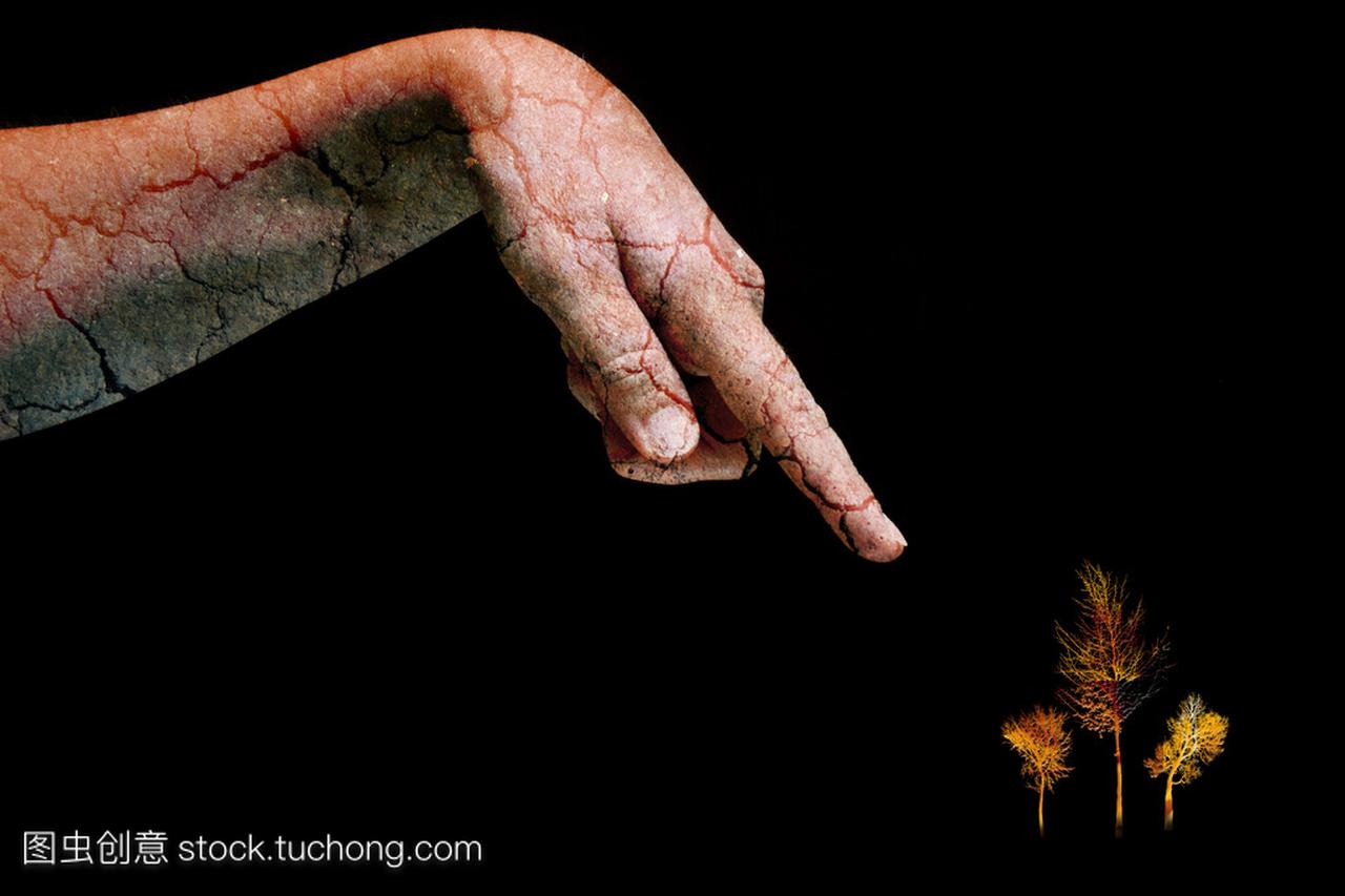 女人干燥开裂的皮肤手指向上色彩缤纷的树木在