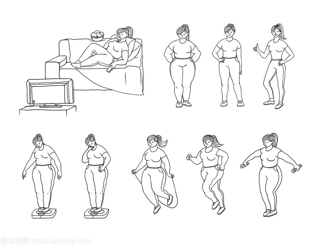 矢量速写集图的一个胖女孩如何减肥。年轻女人