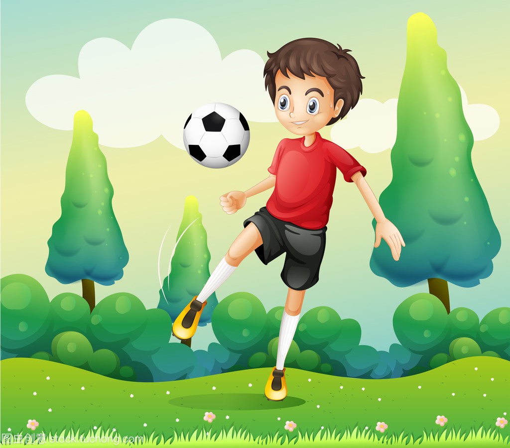 一个男孩踢足球球红色衬衫