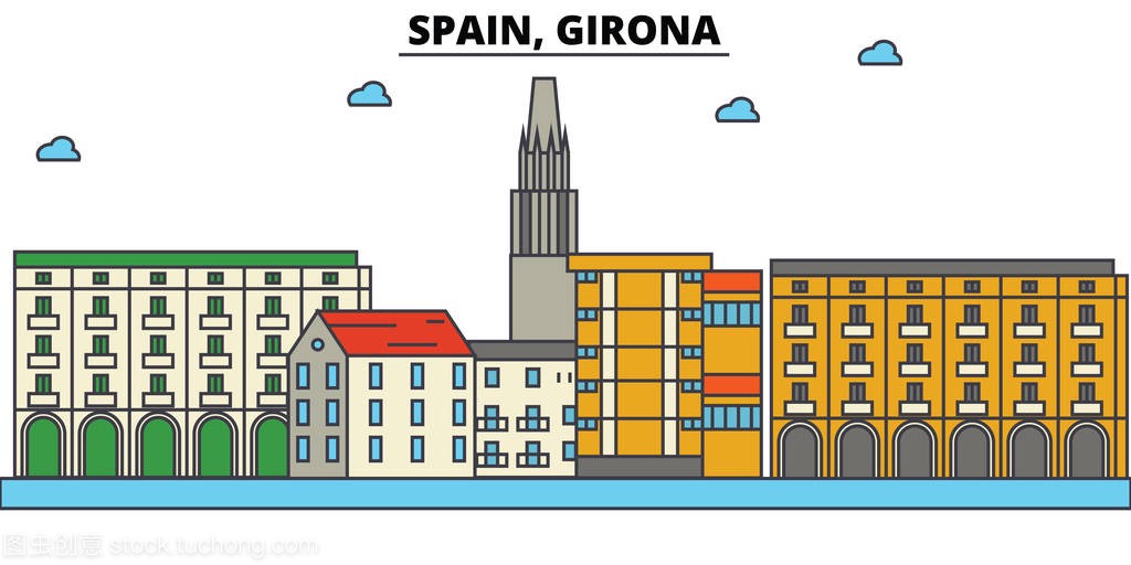 西班牙赫罗纳。城市天际线: 体系结构、 建筑物