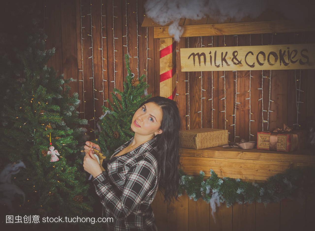 在斯多葛学派牛奶和饼干的圣诞装饰树上坐着一