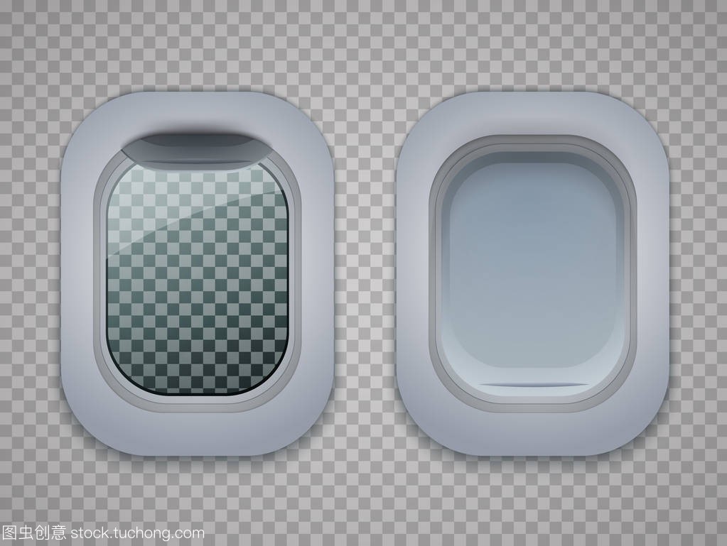 飞机窗口集。飞机舷窗上透明背景孤立。矢量