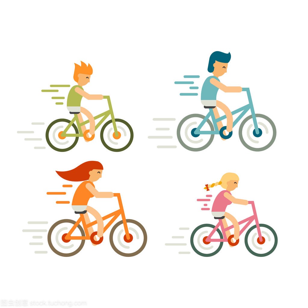 自行车骑手在平面样式集。现代家庭、 休闲、