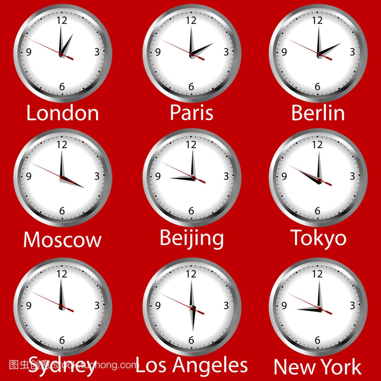 时钟显示的时间在世界各地。时区