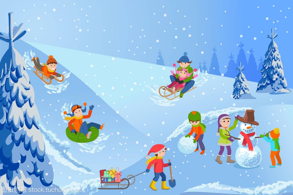 矢量图的冬季景观快乐的孩子们玩堆雪人走户外