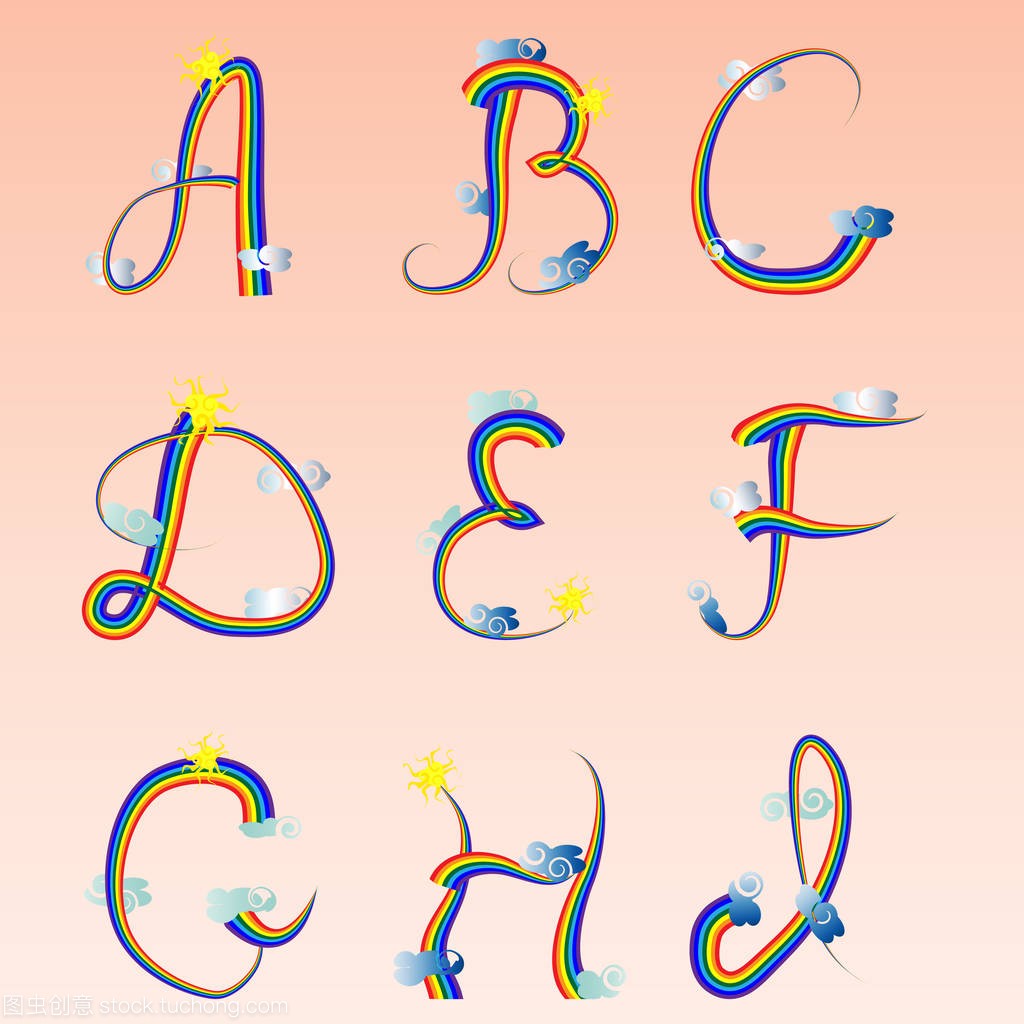 英语字母表,在彩虹的提纲,写的前九个信装饰着
