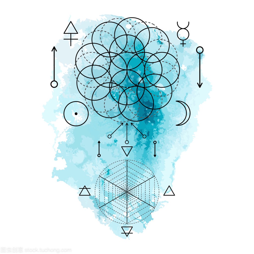 炼金术和神圣几何学上的蓝色的水彩背景的象征