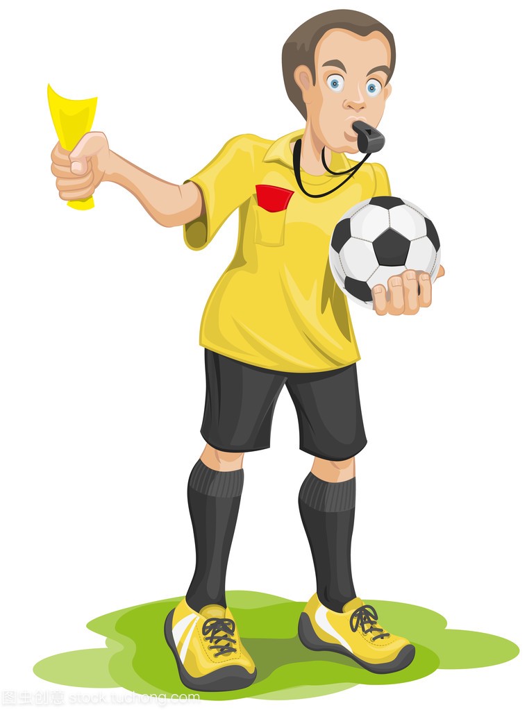 足球裁判吹口哨和显示黄色的卡