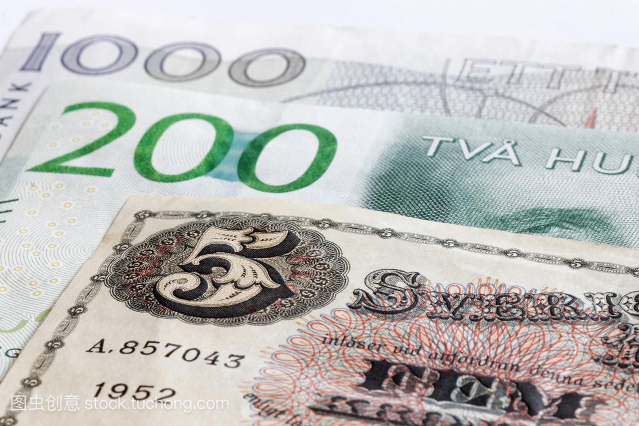 复古的银行纸币 5、 200 和 1000 Sek 瑞典货币