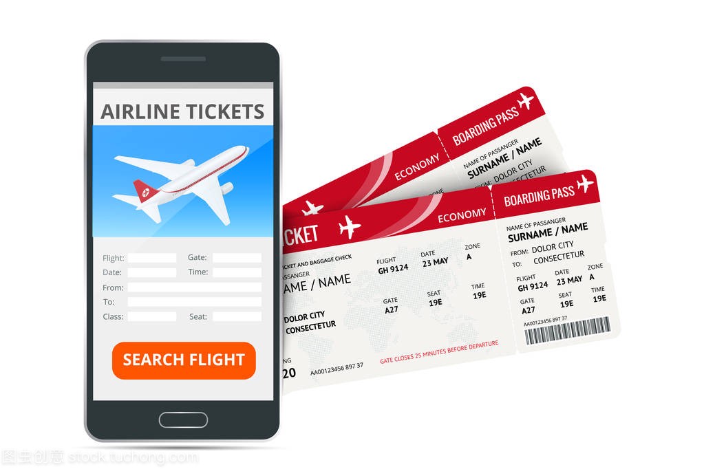 飞机票预订在线应用程序手机和两个登机牌。旅
