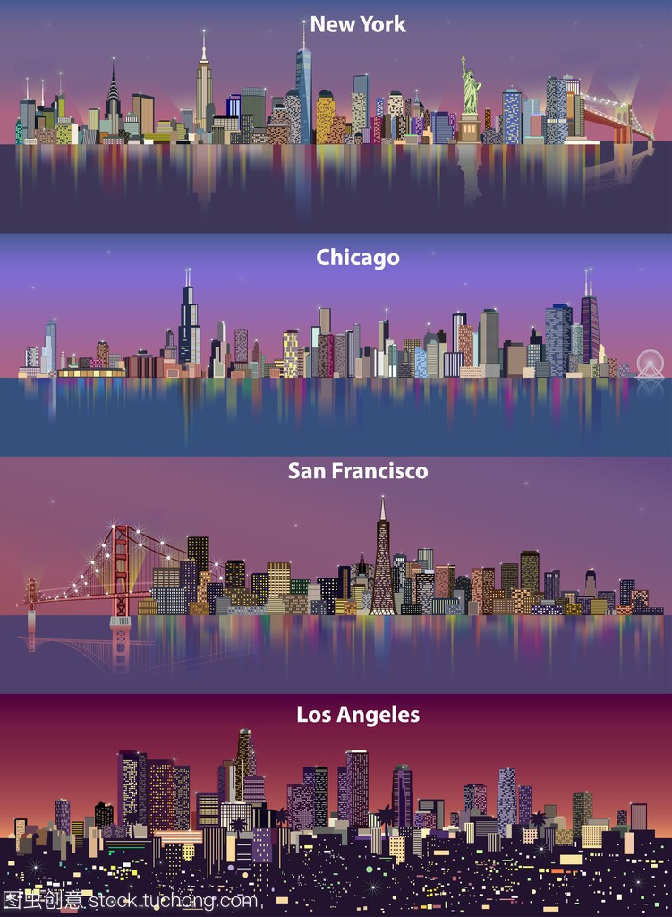 美国城市的城市天际线夜间的抽象插图