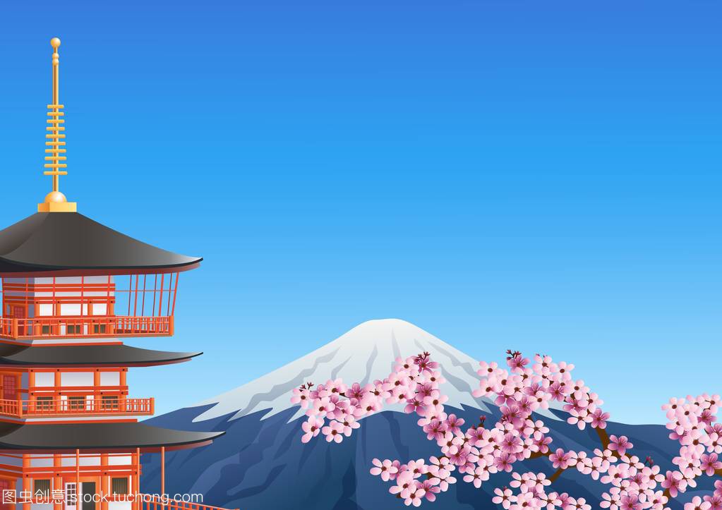 Chureito 塔和富士山与樱花开花
