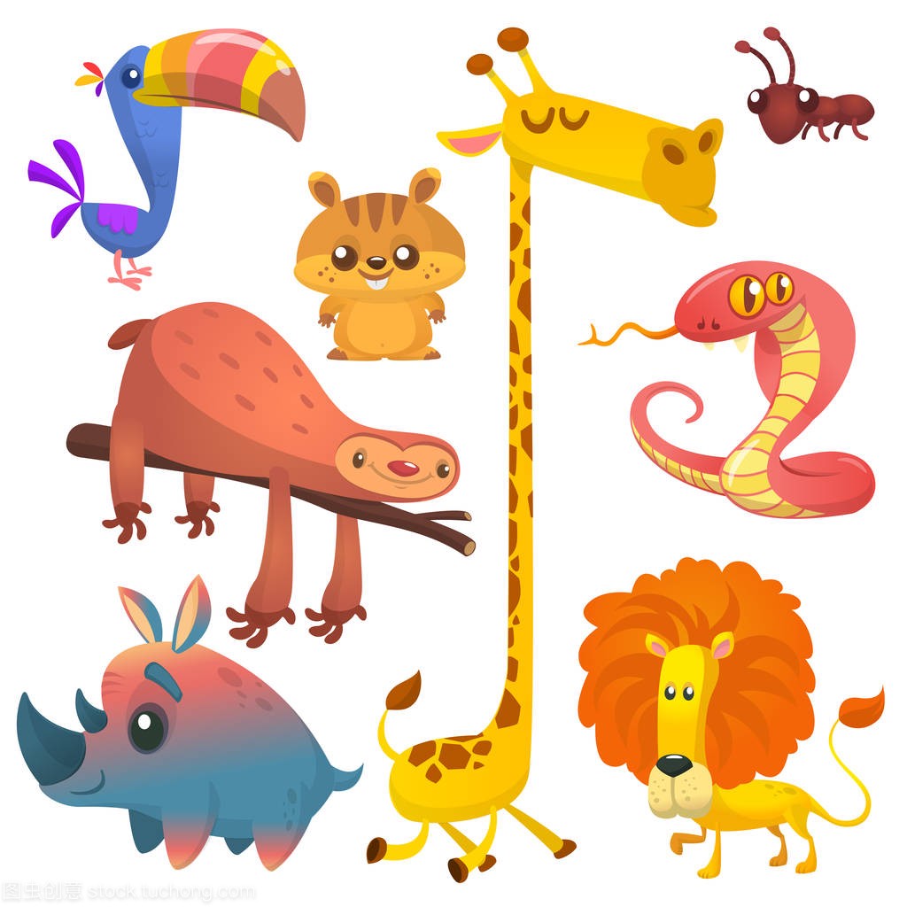 卡通非洲丛林动物。矢量插图的巨嘴鸟、 懒惰、 长颈鹿、 花栗鼠、 蚂蚁、 犀牛和狮子
