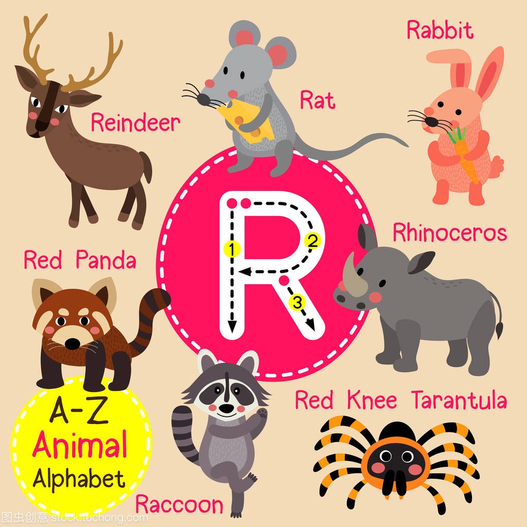 可爱的儿童动物园字母 R 字母追踪的有趣动物