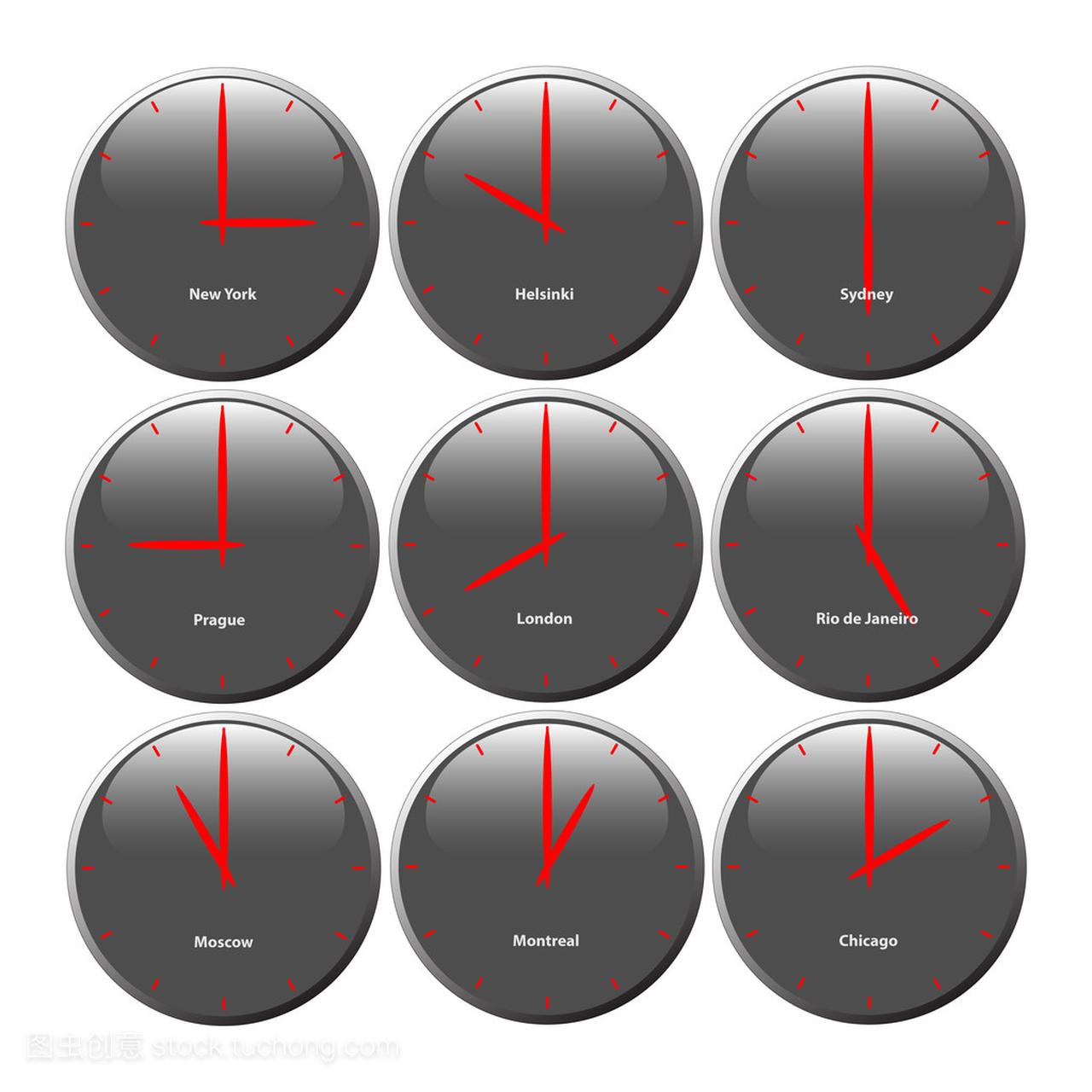灰色的时钟与光滑区域显示世界时间,红色