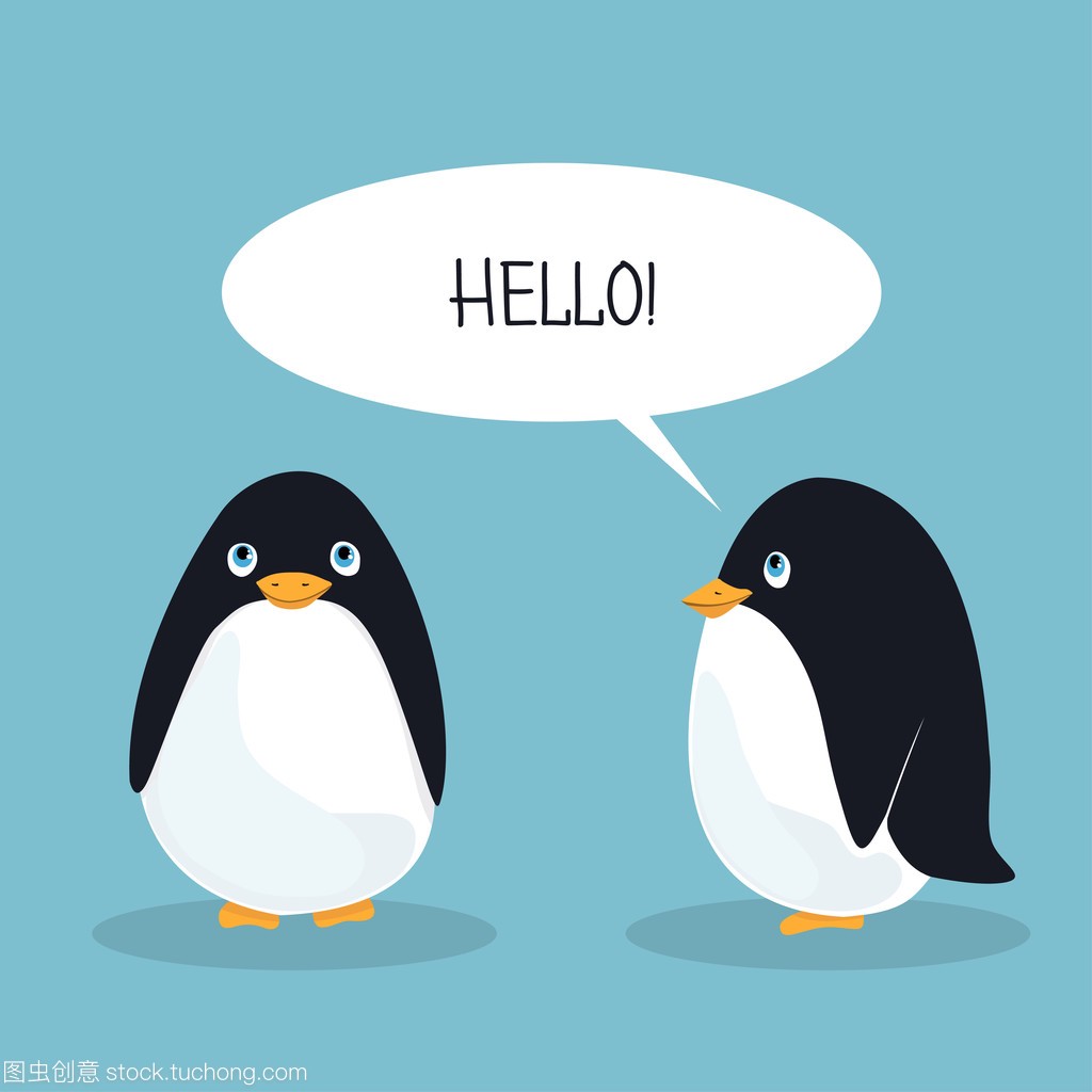 两个可笑的动画企鹅欢迎对方。卡片矢量图