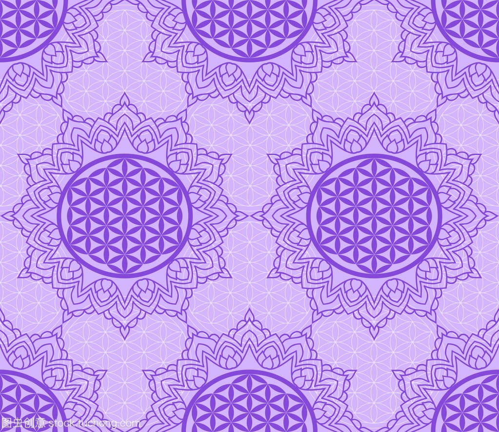 与紫色象征着生命之花曼陀罗的框架中的无缝模