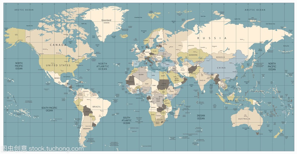 世界地图旧颜色插图 ︰ 国家,城市,水对象