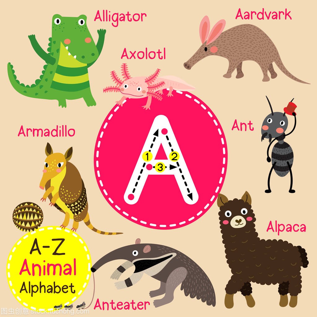 可爱的儿童动物园字母 A 字母追踪的有趣动物