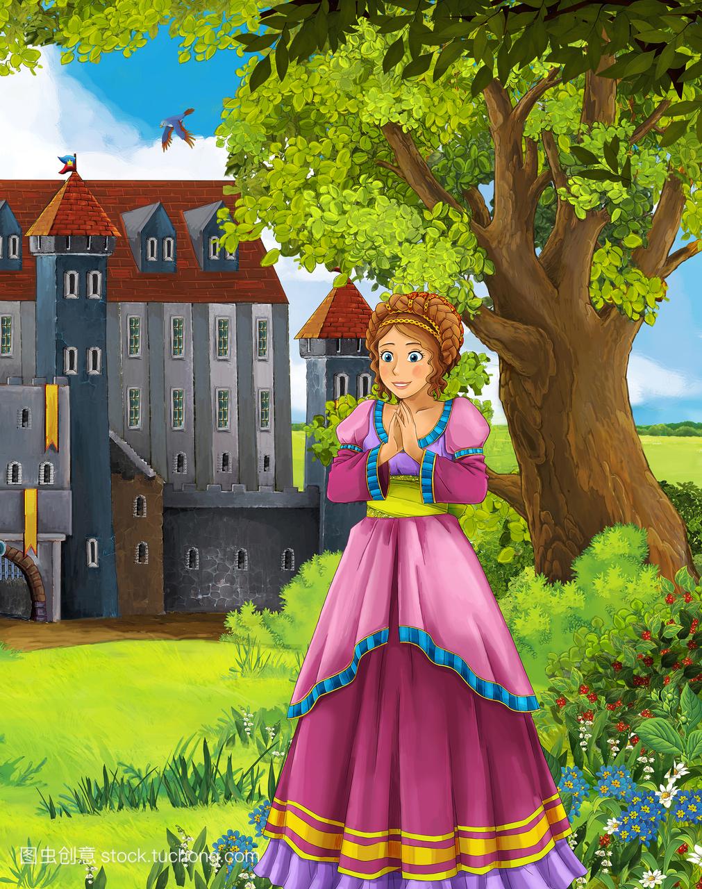 公主的城堡--骑士和仙女-美丽漫画女孩-儿童插